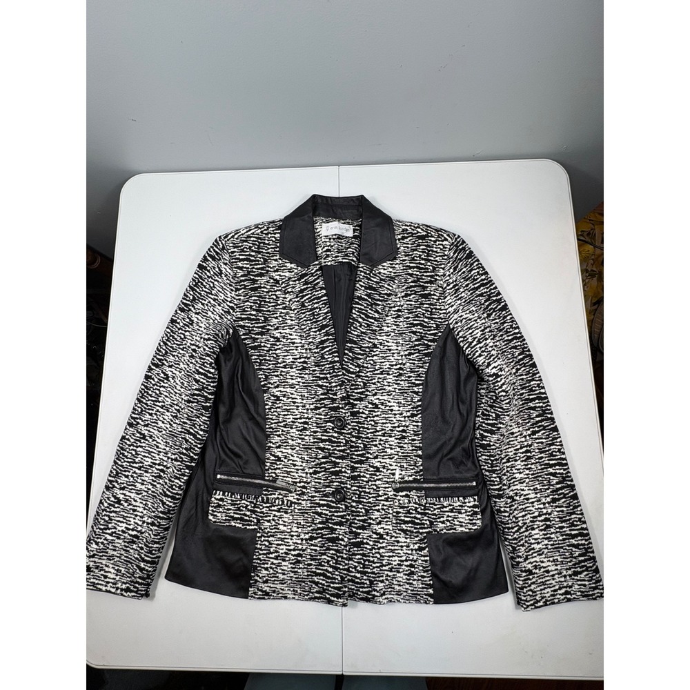 Black White Textured Knit Moto Blazer‎ Jacket Womens Faux Leather Trim